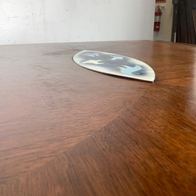 Brown John Stuart Inc. Walnut Two-Tier End Table — Enamel Inlay Top, Splayed Legs, 1960s For Sale - Image 8 of 12