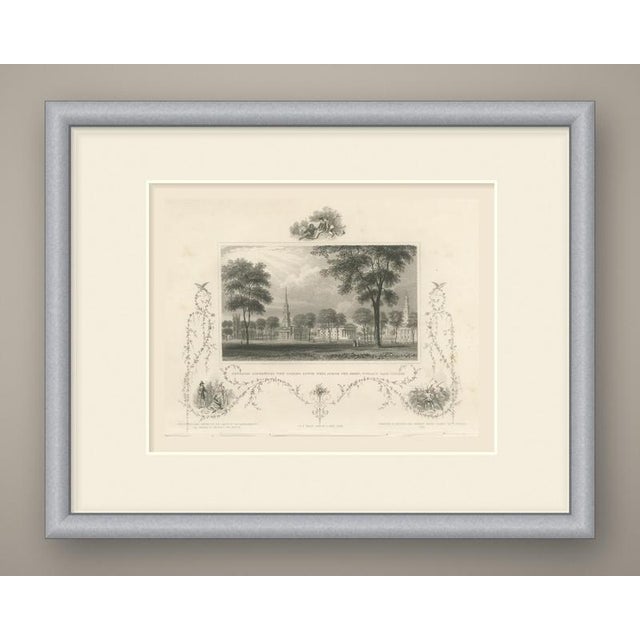 An original antique steel engraving, uncolored, lettered "newhaven connecticut, view looking south west, across the green,...