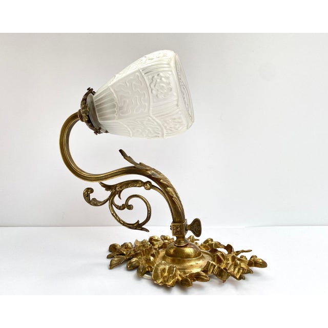 Baroque Bronze Sconce with White Glass Lampshade, France, 1930s For Sale - Image 3 of 10