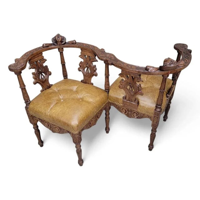 Antique Italian Renaissance Revival Carved Ornate Figural Walnut Button Tufted Tete-a-Tete Parlor Settee Newly...
