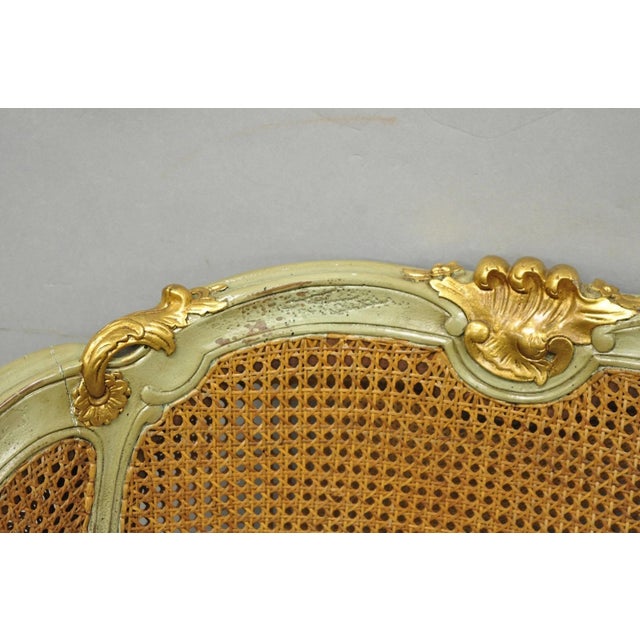 Vintage French Louis XV Style Green Painted Gold Gilt Cane Bergere Arm Chair For Sale In Philadelphia - Image 6 of 17