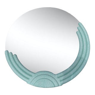 1980s Postmodern Sculptural Teal Round Wall Mirror For Sale
