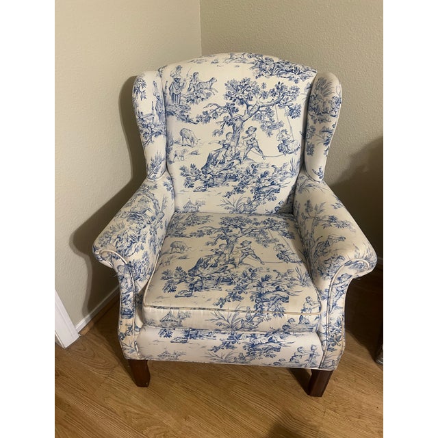 Traditional 1980s Traditional Blue & White Toile Wingback Accent Chair For Sale - Image 3 of 12