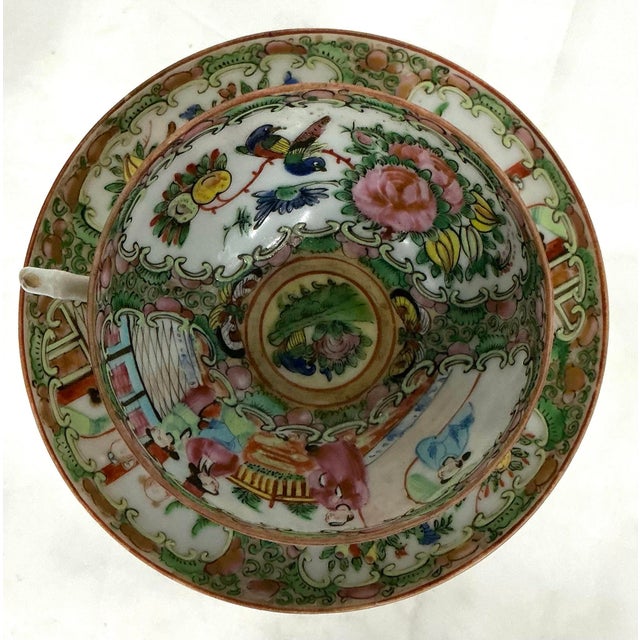 Antique Chinese Export Porcelain Famille Rose Medallion Pattern Cup and Saucer Set For Sale - Image 4 of 7