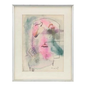 1980s Mixed Media Surrealist Drawing on Paper, Framed