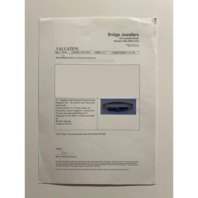 Blue 14ct Yellow and White Gold Sapphire and Diamond Hinged Bracelet 0.38ct 16g For Sale - Image 8 of 8