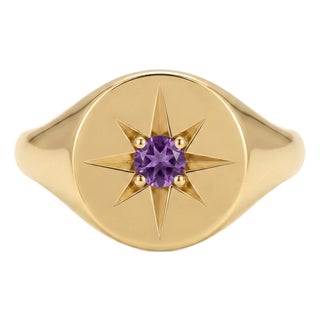 Gold Starburst Amethyst Signet Ring | Oval Face Celestial Ring | Minimalist Chunky Unisex Ring Us 7 For Sale