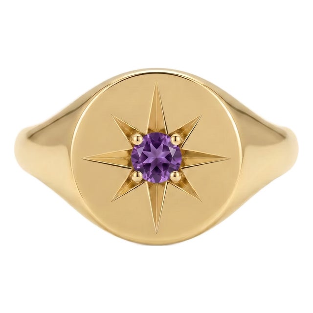 Gold Starburst Amethyst Signet Ring | Oval Face Celestial Ring | Minimalist Chunky Unisex Ring Us 7 For Sale