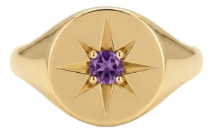 Gold Starburst Amethyst Signet Ring | Oval Face Celestial Ring | Minimalist Chunky Unisex Ring Us 7