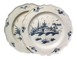 18th Century English Creamware Delft Blue and White Tin Glaze Pottery Plates - A Pair