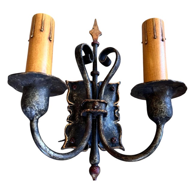 1920 Mediterranean Inspired Sconces, Iron and Brass With Original Old Paints - a Pair For Sale In Los Angeles - Image 6 of 6