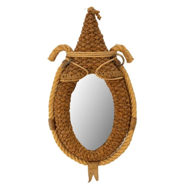 Mid-Century mirror, French, circa 1960. The frame is made with braided string at the manner of Audoux Minet, with a shape...