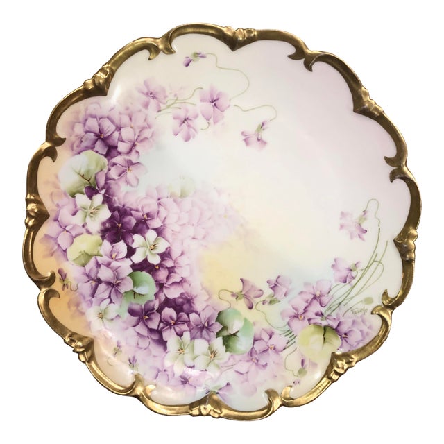 Antique Hand Painted Vienna Austria Porcelain Cabinet Plate Purple Violets Gold For Sale