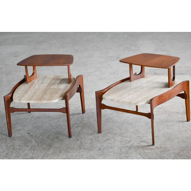 1960s 2-Tier Side Table With Italian Travertine by M. Singer & Sons, 1950s, a Pair For Sale - Image 13 of 13