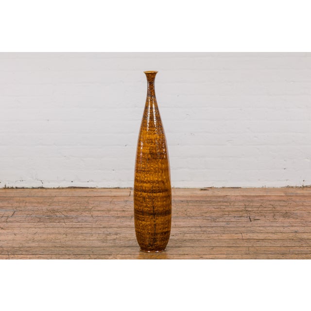 Contemporary Textured Two-Tone Brown Tall Vase with Narrow Mouth, Elegant Home Decor For Sale - Image 3 of 12