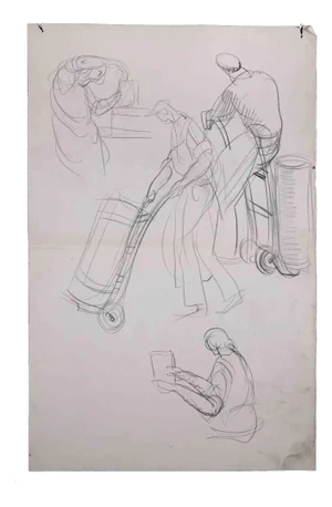 Sketches of Workers, Original Drawing, Mid 20th-century