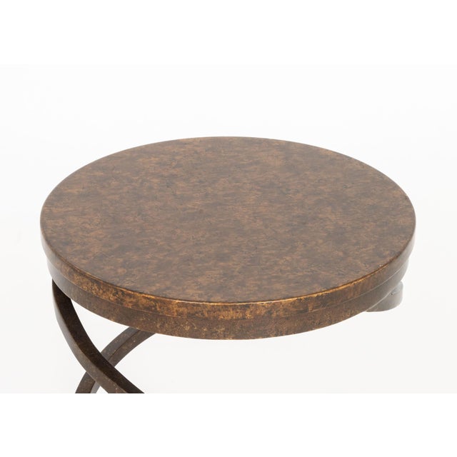 Modern Faux Marble Wrought Iron Spiral End Table, with faux marble circular wood top. 24" H x 14.25" Diameter. Provenance:...
