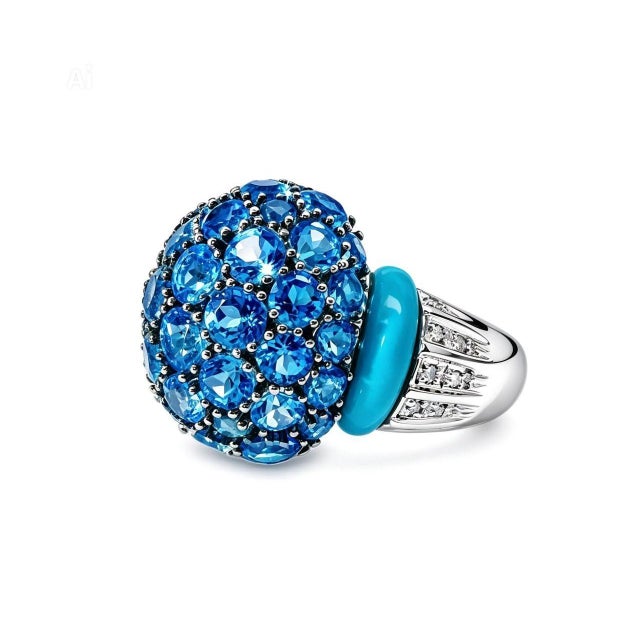 Mid 20th Century 14k White Gold Diamond Turquoise Blue Topaz Designer Ring, Size 6.75 For Sale - Image 4 of 4