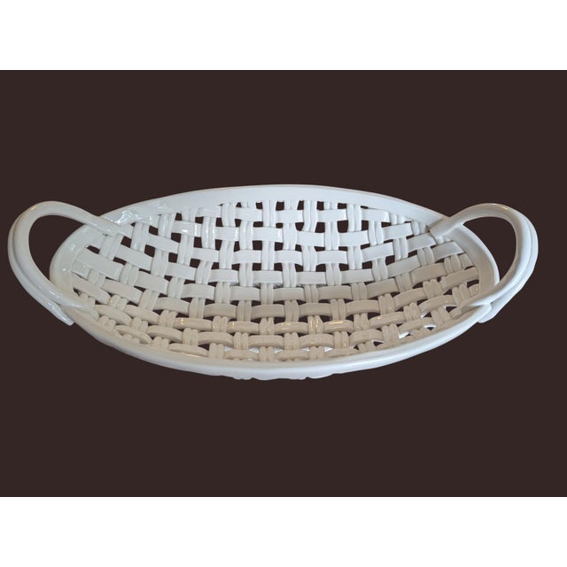 Ceramic Trompe Loleil Ceramic Woven Basket Tray With Handles For Sale - Image 7 of 16