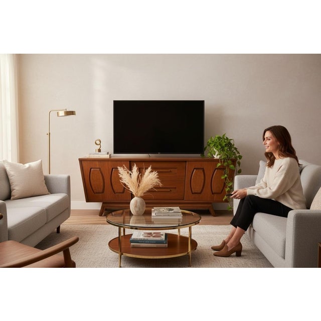 Mid-Century Modern 1960s Restored Younge Mid-Century Modern Walnut Credenza, Sculpted 64” Sideboard For Sale - Image 3 of 13