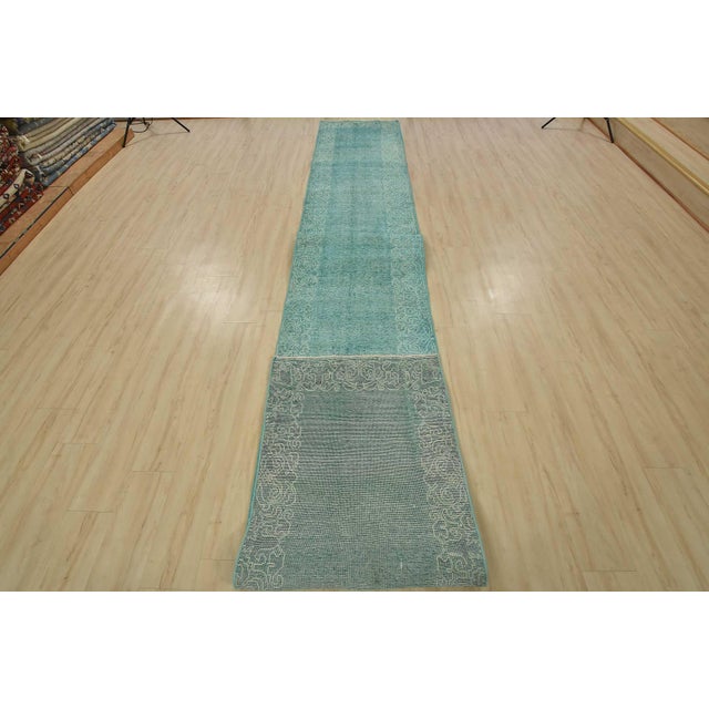 Tabriz Runner 2’8” X 18’5” Blue Wool Vintage Overdyed Hand-Knotted Rug For Sale - Image 10 of 11