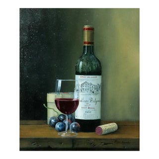 Peter A. Kotka, Stiil Life With Bottle of 1997 Chateau Belgrave Haut Medoc, Grand Cru Classe, Glass & Cheese For Sale