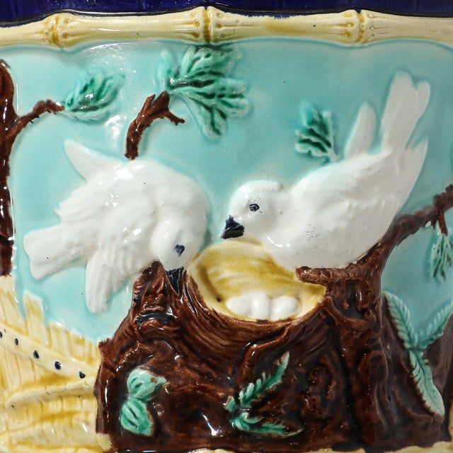 Pair of Signed Majolica Ceramic Cachepots W/ Birds, Nests & Bamboo Border Detail For Sale - Image 18 of 18
