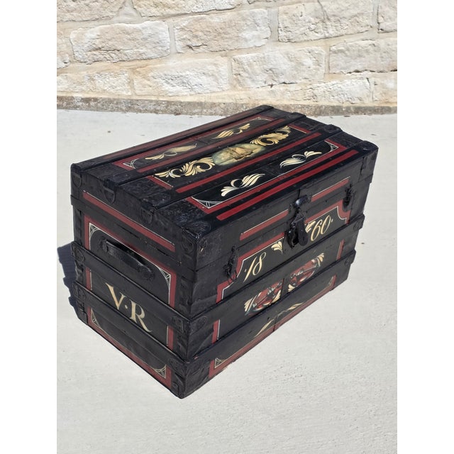 Black Antique Trunk With Later Painted Details For Sale - Image 8 of 17