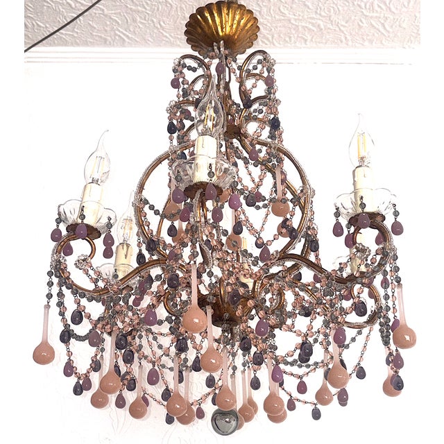 Vintage Gilded Metal Murano Glass Drop Chandelier, 1940s, in Very Good conditions. Designed 1920 to 1949 I have official...