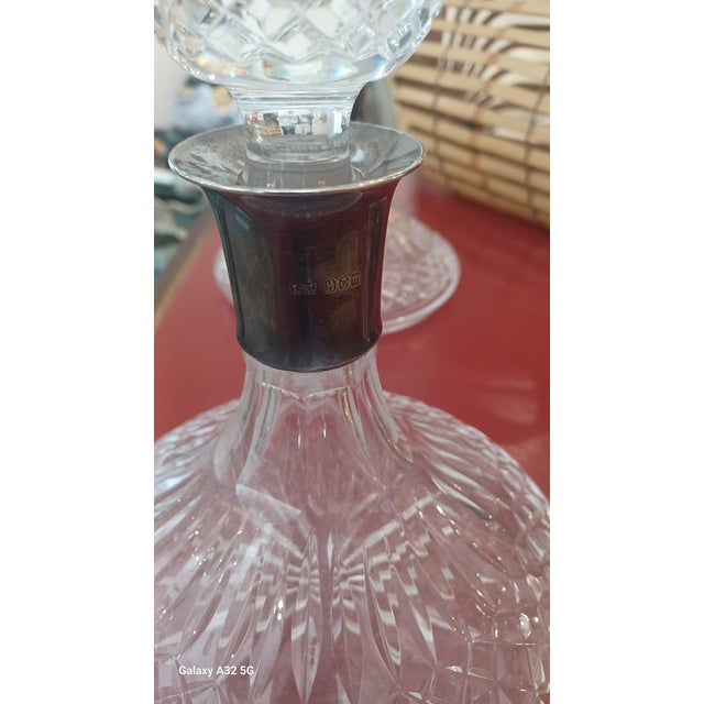 Vintage Pair of Crystal Decanters With Sterling Silver Necks For Sale - Image 4 of 5