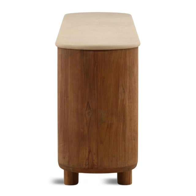 Contemporary Rounded Cement Top Teak Modern Sideboard Credenza For Sale - Image 3 of 8