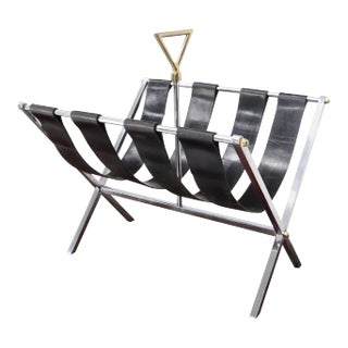 Machined Chrome Bar X Base Brass Nuts and Leather Belts Magazine Rack Shelf For Sale