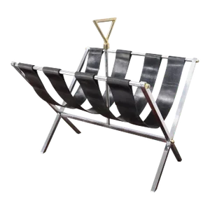 Machined Chrome Bar X Base Brass Nuts and Leather Belts Magazine Rack Shelf