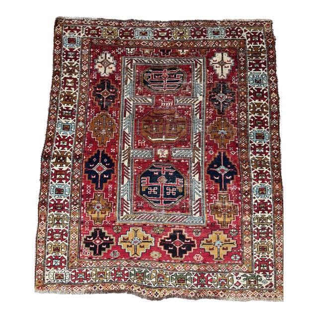 Vintage Shirvan Hand-Knotted Wool Rug With Intricate Tribal Patterns For Sale