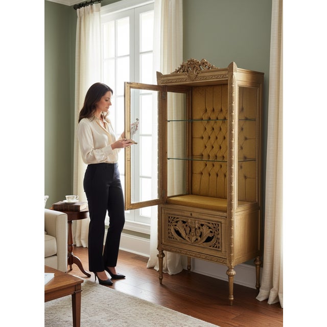Mid-Century Baroque Carved Wooden Display Cabinet with Tufted Interior, 1980s For Sale - Image 4 of 16