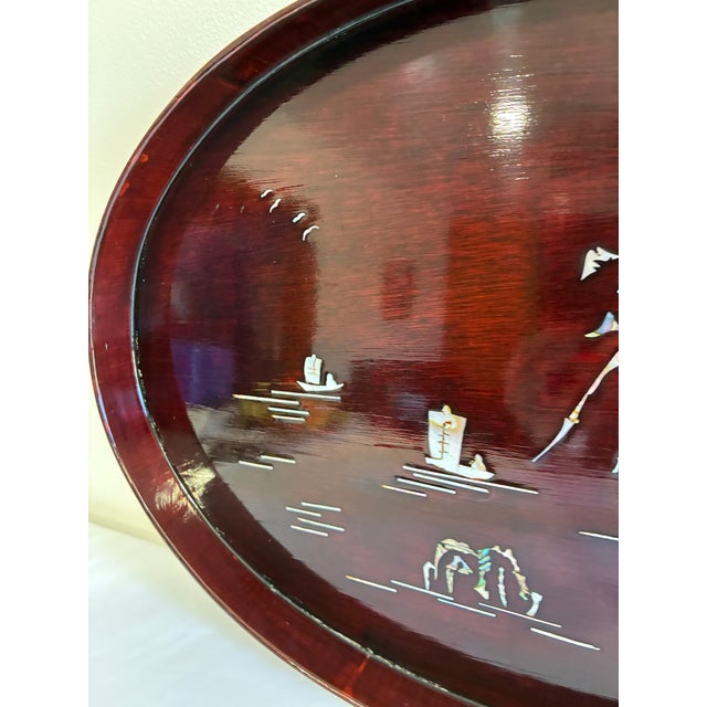 Asian Asian Lacquer Tray With Mother of Pearl Landscape Inlay For Sale - Image 3 of 10