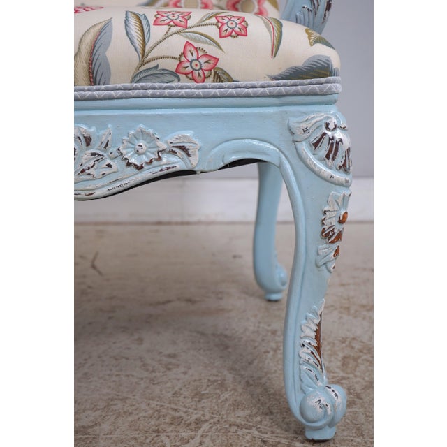Pair of French Provincial Blue Frame Open Arm Chairs For Sale - Image 10 of 18