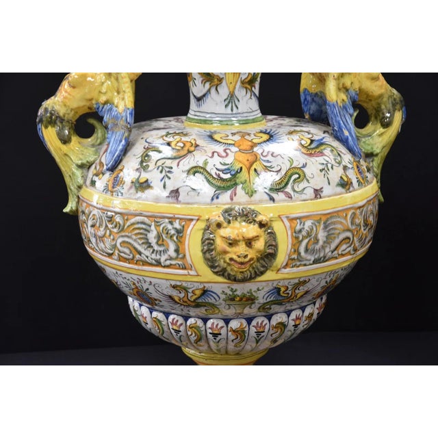 Pair Large Antique Italian Majolica 2-Part Urns (Pr) MONUMENTAL ITALIAN MAJOLICA AMPHORA VASES (Pr) AFTER WORKSHOP OF...
