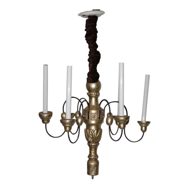 Vintage Carved Wood & Silverleaf Six Light Chandelier For Sale