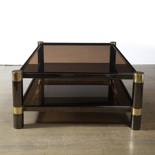 Mid-Century Signed Karl Springer 2-Tier Gunmetal & Brass Cocktail Table For Sale - Image 11 of 13