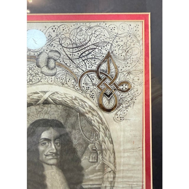 Paper Rare Antique 17th Century Calligraphic Bust Portrait of Charles II of England For Sale - Image 7 of 16