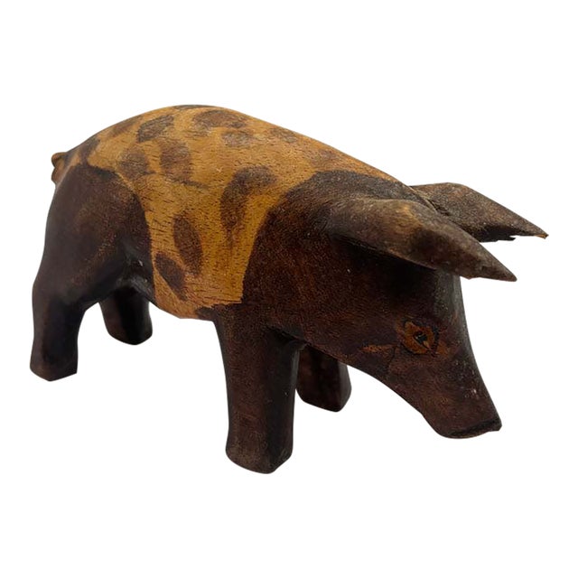 Vintage Hand-Carved Wood Pig Folk Art Sculpture For Sale