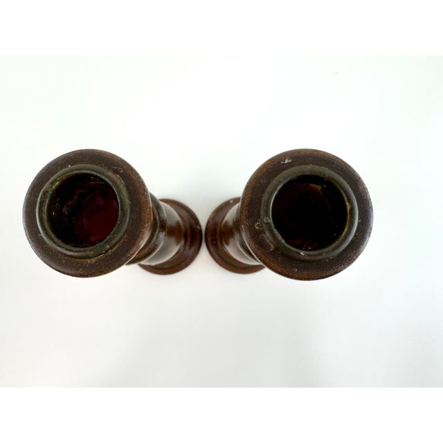 Brown Vintage Mid Century Turned Walnut Wood Candlesticks - A Pair For Sale - Image 8 of 9