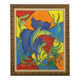 Emilio Sauma Original Expressionist Oil Painting of Sailfish, 2000 Signed For Sale
