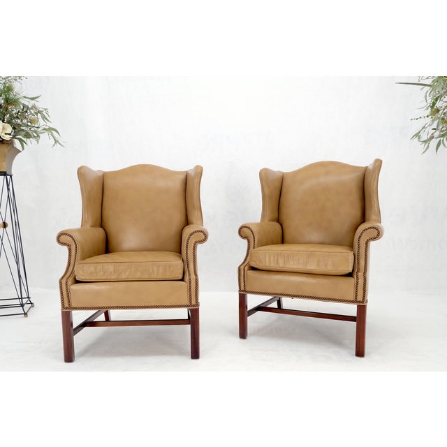 Pair of Tall Tan Leather Wing Chairs on Solid Mahogany Stretcher Base Mint! For Sale - Image 16 of 17