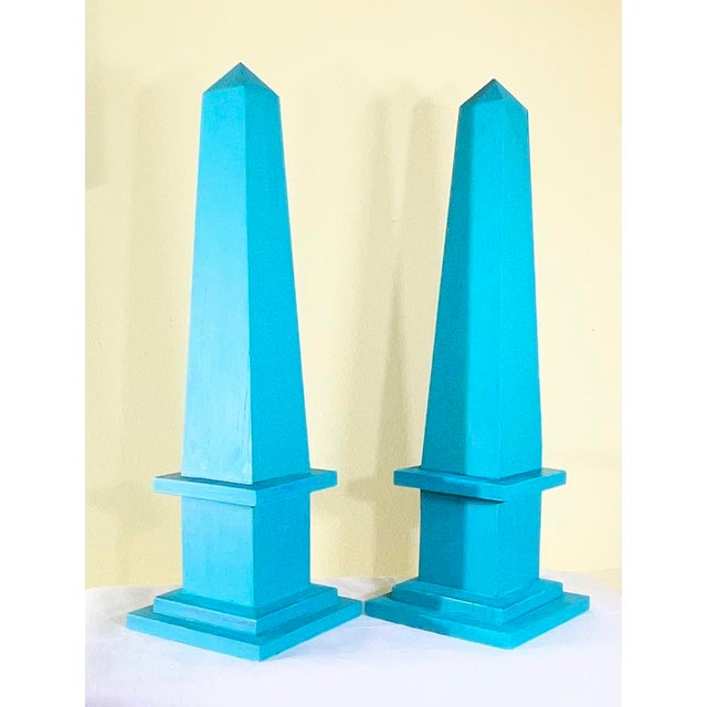 Pair of Hand-Painted Solid Wood Decorative Obelisks – Vibrant Turquoise Color For Sale - Image 4 of 15