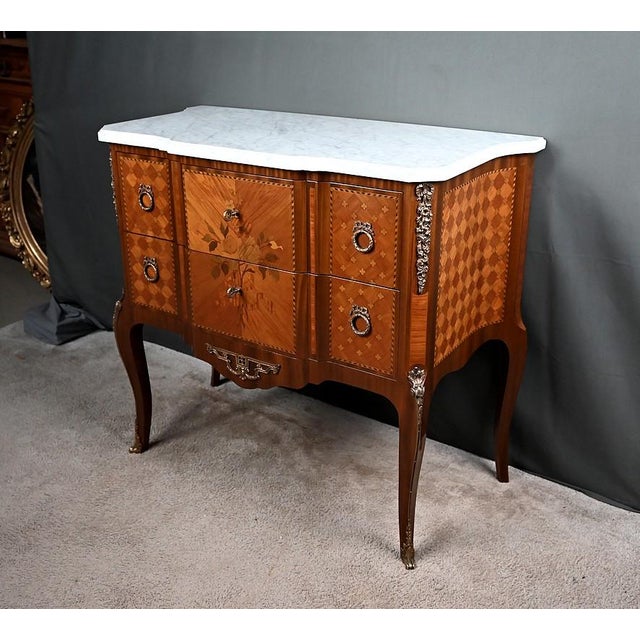 Mid-Century Louis XV-Louis XVI Transition Style Marquetry Commode For Sale - Image 11 of 18