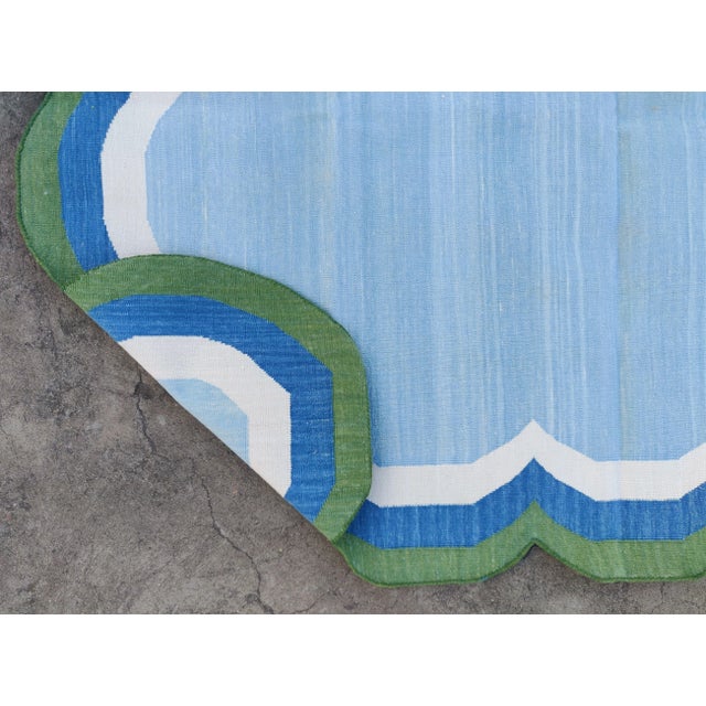 Casa Cosima Not Yet Made - Made To Order Handmade Cotton Vegetable Dyed Scalloped Edge Rug Sky Blue With Cream Blue and Forest Green Border - 12x15 For Sale - Image 4 of 11