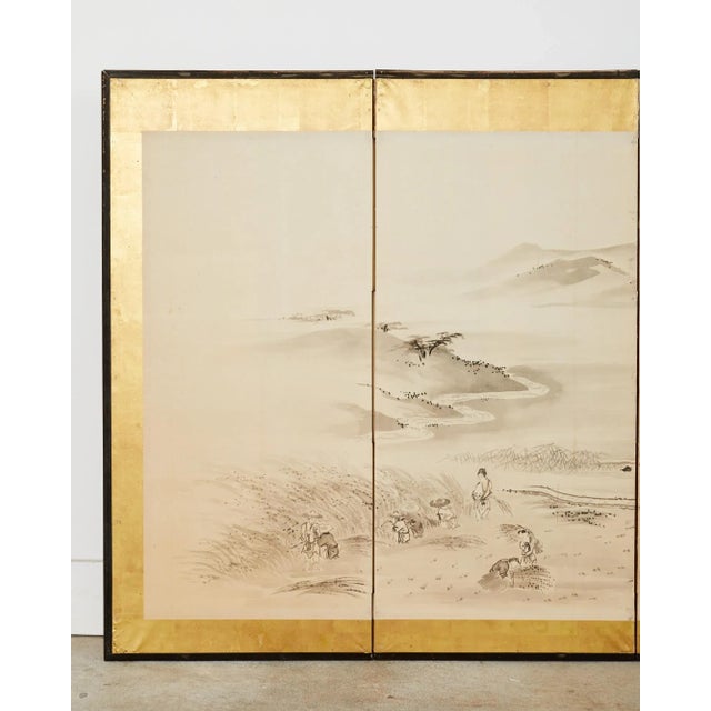 Japanese Meiji Eight Panel Screen Village Landscape With Figures For Sale - Image 4 of 12
