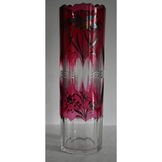 Ruby Red Vintage Clear Crystal Vase Bohemian Ruby Cut Cylinder Etched Silver Overlay For Sale - Image 8 of 15